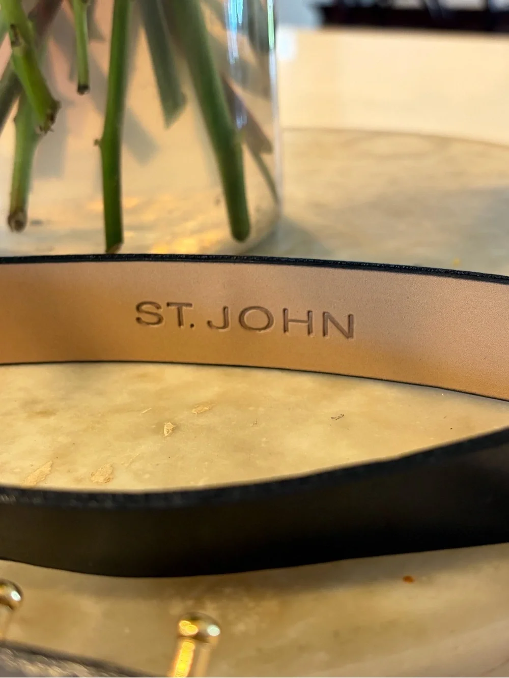 St. John Black Leather Belt with Gold Plate Accent